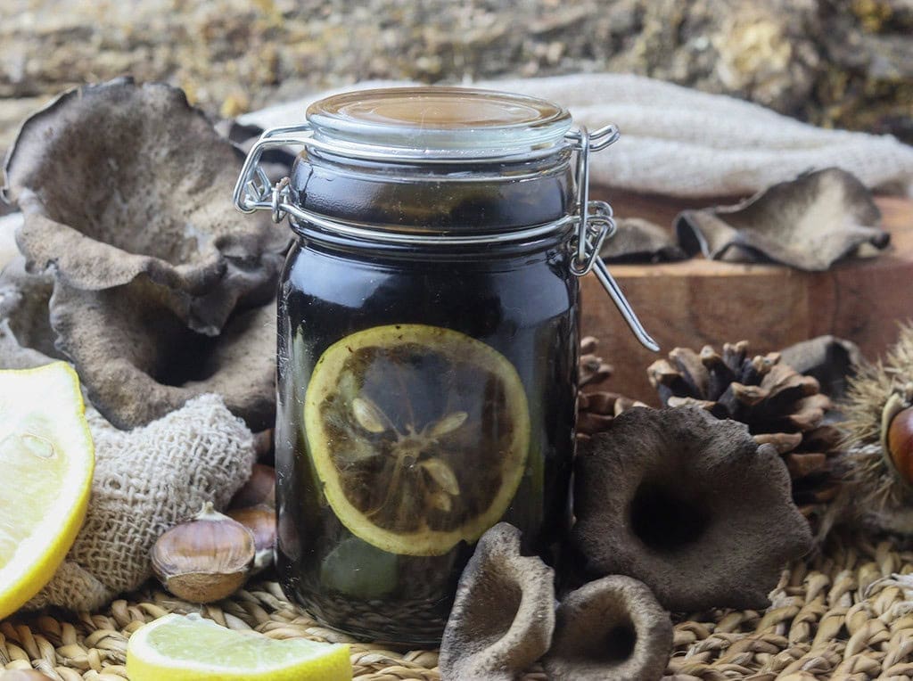 a jar of delicious mushroom jam with black trumpets